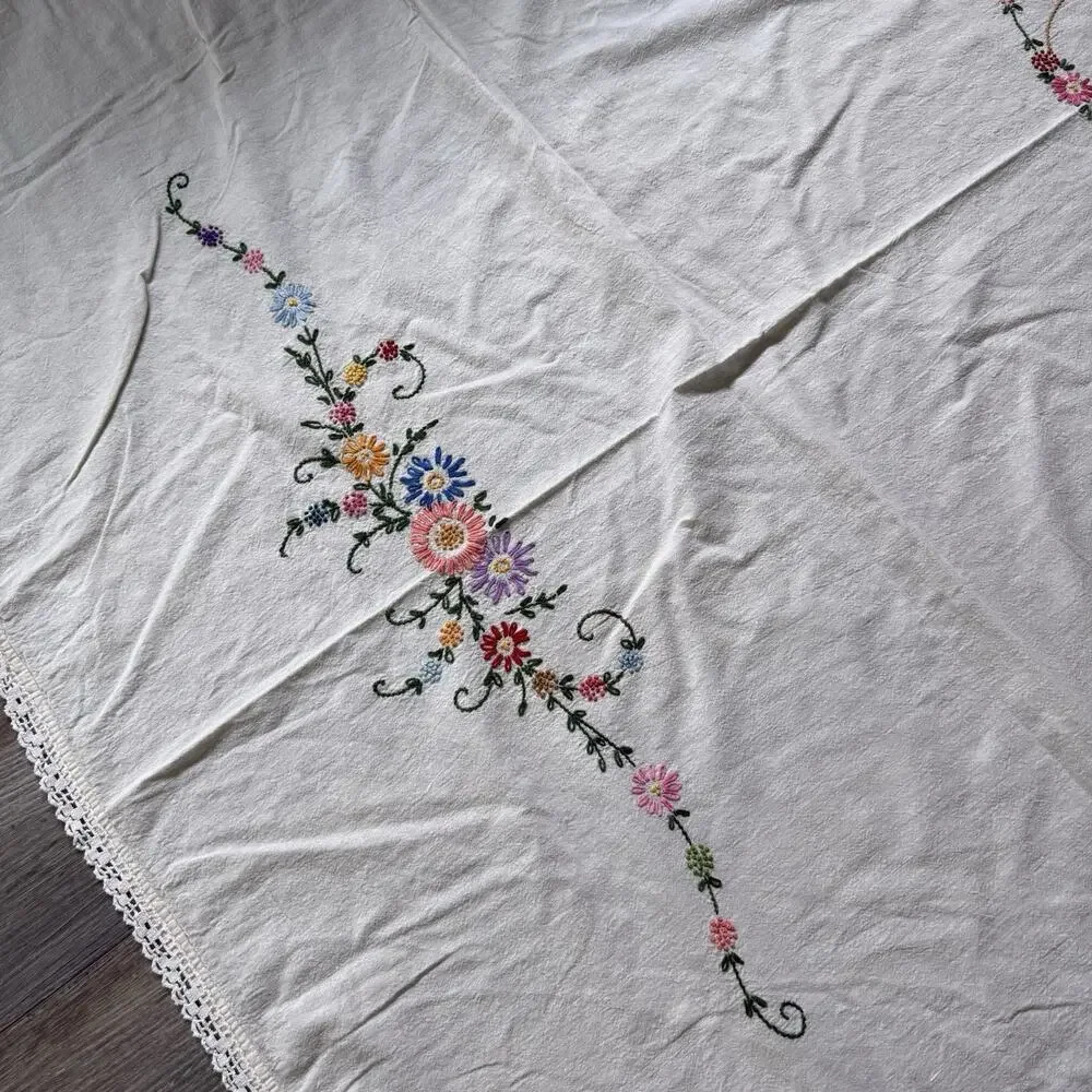 Vtg 70s Tablecloth Floral Hand Embroidered Crochet Lace 84x70” Cottagecore Large